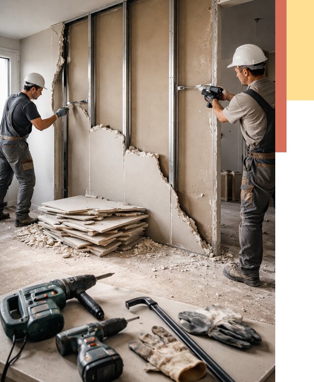 Демонтаж перегородки из гипсокартона в Пушкине от 1298 руб. быстро и недорого | ОТДЕЛОЧНИК-Пшн