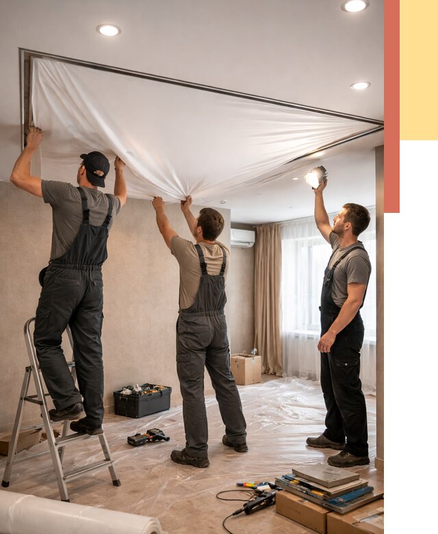 Монтаж ПВХ натяжного потолка в Пушкине от 3786 руб. под ключ | ОТДЕЛОЧНИК-Пшн