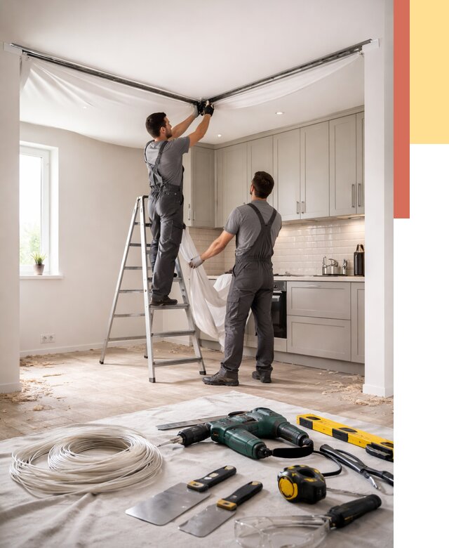 Установка натяжного потолка на кухне в Пушкине от 2596 руб. | ОТДЕЛОЧНИК-Пшн