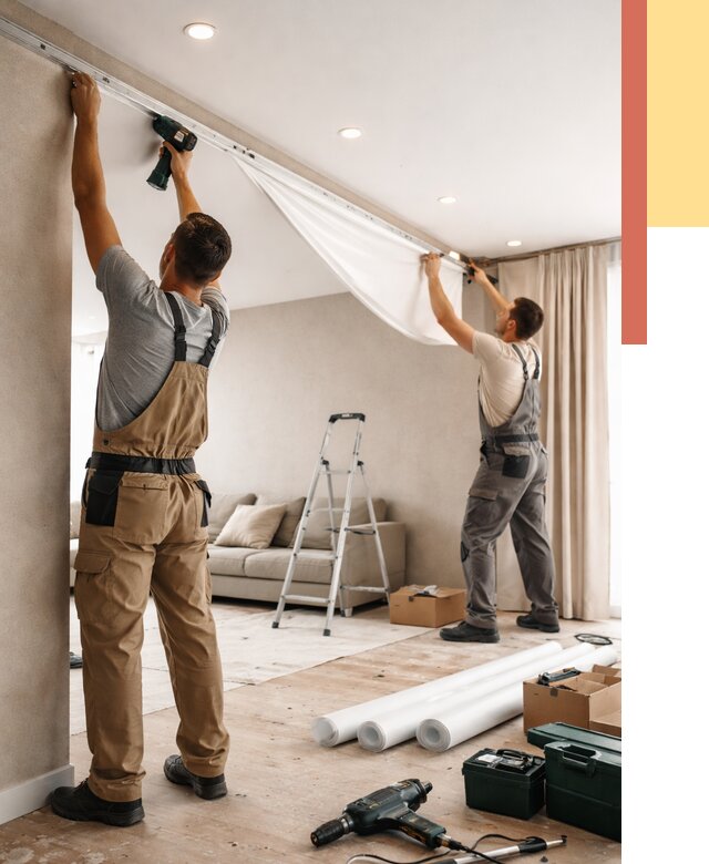 Монтаж натяжного потолка в гостиной в Пушкине от 595 руб. | ОТДЕЛОЧНИК-Пшн