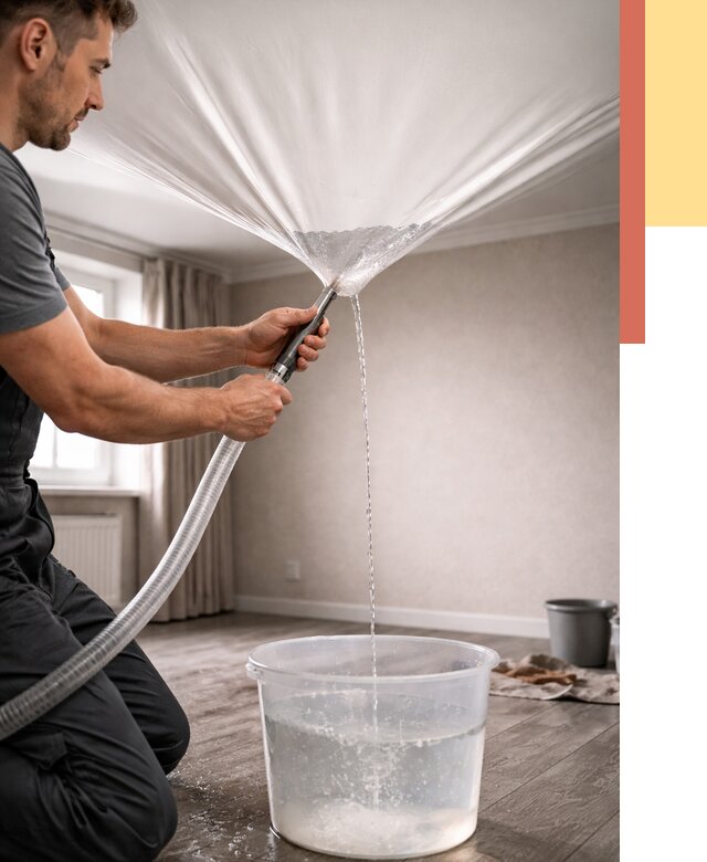 Слив воды с натяжного потолка в Пушкине от 2704 руб. быстро и недорого | ОТДЕЛОЧНИК-Пшн