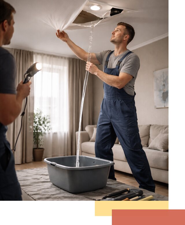 Слив воды с натяжного потолка в Пушкине быстро и аккуратно